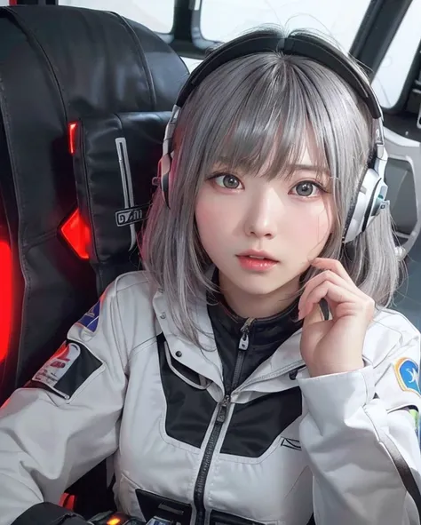 Space view from the window:1.5、最high quality、Best image quality、masterpiece、With a girl((Tight spacesuit、20-year-old、 Ager、cute、,beautiful shining gray eyes,Great Valley、 Disheveled silver hair、Long Hair、Slender,Headphones、Sit in the cockpit、 face、Anxious ...