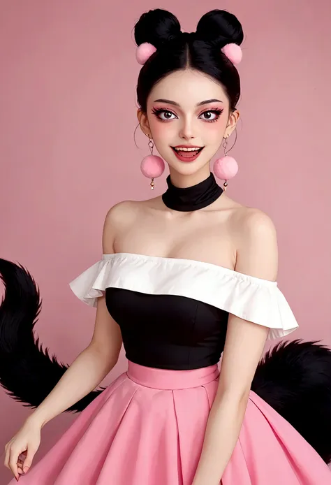 beautiful face，beautiful eyes，pink eyeshadow，laughing out loud，fangs，big fluffy tail，black high bun，forehead hair，pink pompom ea...