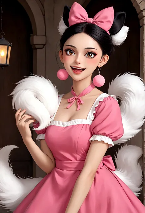 beautiful face，beautiful eyes，pink eyeshadow，laughing out loud，fangs，(((big fluffy tail)))，black high bun，forehead hair，pink pom...