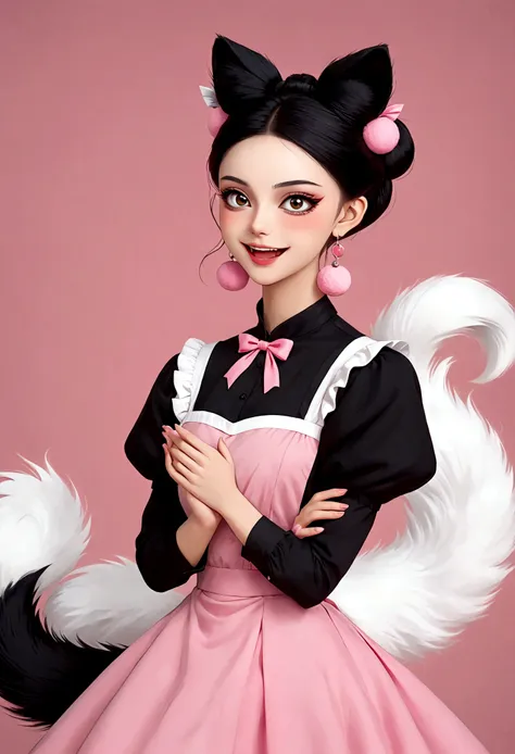 beautiful face，beautiful eyes，pink eyeshadow，laughing out loud，fangs，(((big fluffy tail)))，black high bun，forehead hair，pink pom...