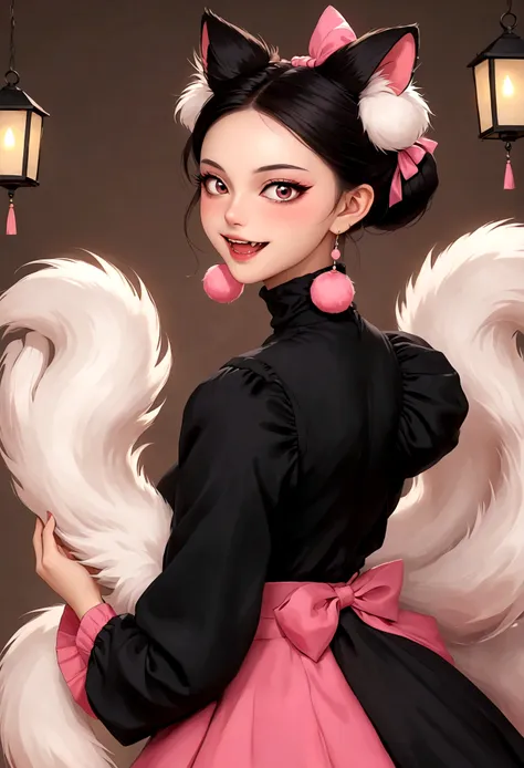 beautiful face，enchanting beautiful eyes，pink eyeshadow，laughing out loud，fangs，(((big fluffy tail：1.37)))，black fluffy high bun...