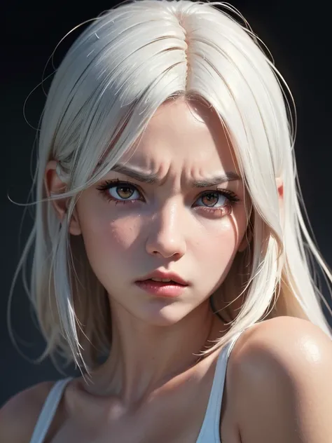 Disgusted Look, (realistic, masterpiece, Best Quality, 8K, high resolution:1.3), professional lighting, extremely fine, (illustration:0.7), extremely detailed CG, 1 girl, white hair, red eyes, Angry face, looking at viewer,