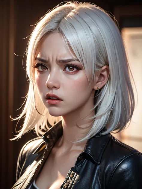 Disgusted Look, (realistic, masterpiece, Best Quality, 8K, high resolution:1.3), professional lighting, extremely fine, (illustration:0.7), extremely detailed CG, 1 girl, white hair, red eyes, Angry face, looking at viewer,