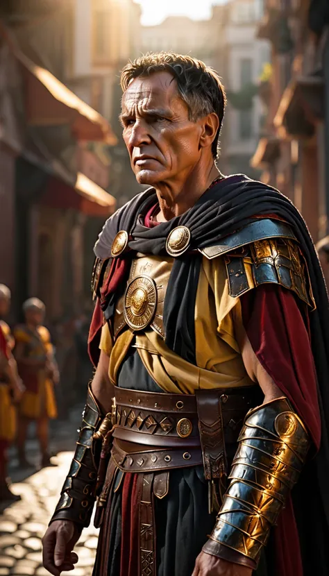 As the sun began to set, The warm golden color of the sun shone on his clothes, Produce an image depicting the moment when Julius Caesar uttered his last words, Et tu, Brute, background dark, hyper realistic, ultra detailed hyper realistic, photorealistic,...