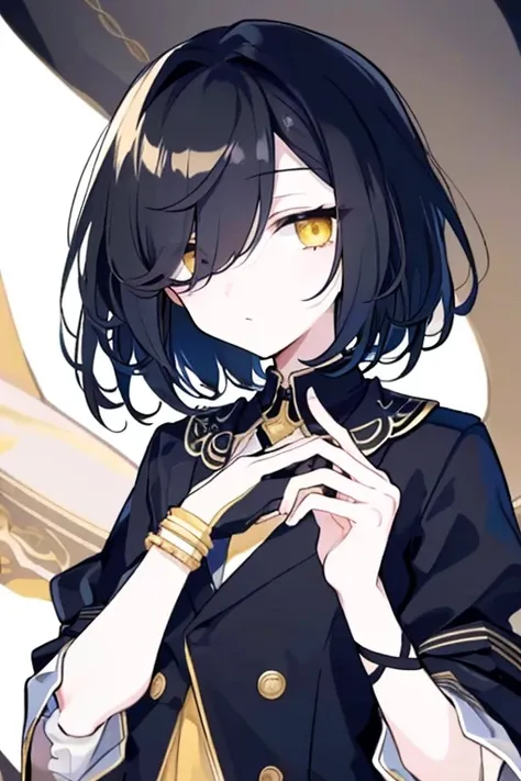 (highest quality、masterpiece:1.2) (((1 boy))) (suit) short hair、black hair,,、yellow eyes、elegant、beautiful eyes、beautiful hair、smooth skin、((low length))((hair above one eye, one eye covered)) (introverted look)upper body visible(((cute face))),