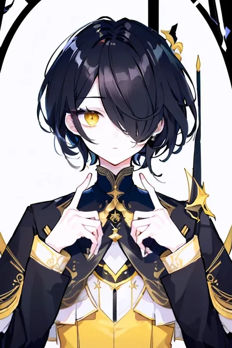 (highest quality、masterpiece:1.2) (((1 boy))) (suit) short hair、black hair,,、yellow eyes、elegant、beautiful eyes、beautiful hair、smooth skin、((low length))((hair above one eye, one eye covered)) (introverted look)upper body visible(((cute face))),