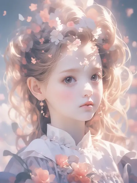 Cute little princess、Her outfit is、Blends seamlessly into the soft floral background、Multiple Exposure Effect