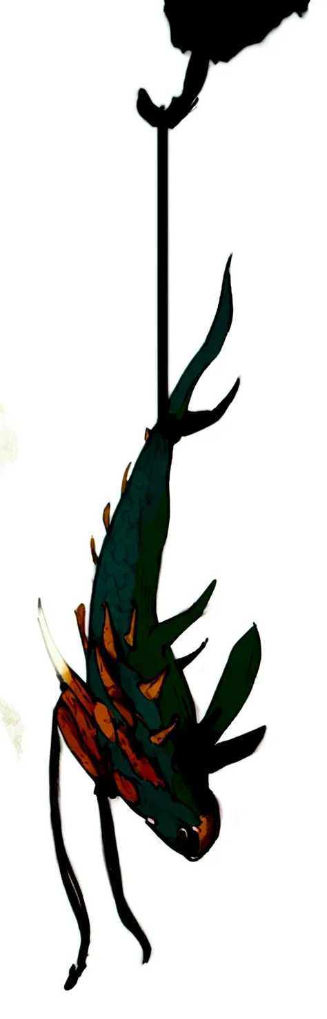 there is a cat that is stanDing on a pole with a fish, siDe - view, siDe-view, thorn backgrounD. D&D, spines, sworD antlers, cell shaDeD aDult animation, siDe view, Quetzal, above siDe view, top - siDe view, coloreD accurately, Dragon staff, Animation stil...