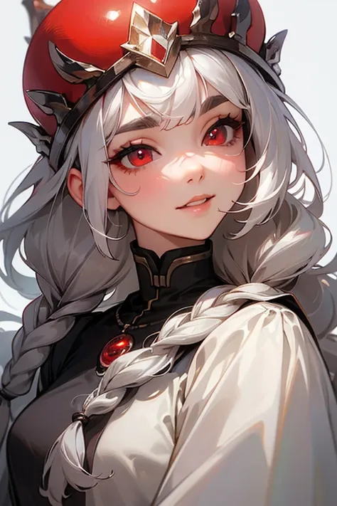 (highest quality, masterpiece:1.2), High resolution, 最高masterpiece、Very detailed, Realistic:1.37, Fantasy, An illustration,Gray Hair、 Red eyes、Queen, White Dress、beautifully、Eyeshadow Red、Thick eyebrows、Long eyelashes、pupils are black、shiny on the lips、Top...