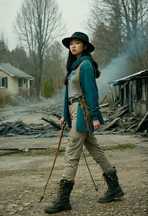 A girl who draws a bow and shoots arrows, seventeen years old, asian Caucasian mix, black hair, blue eyes, brimmed tan hat, gray cape hangs down her back to her knees and tied around her neck, dark green tee shirt, long light gray tactical pants tuck into ...