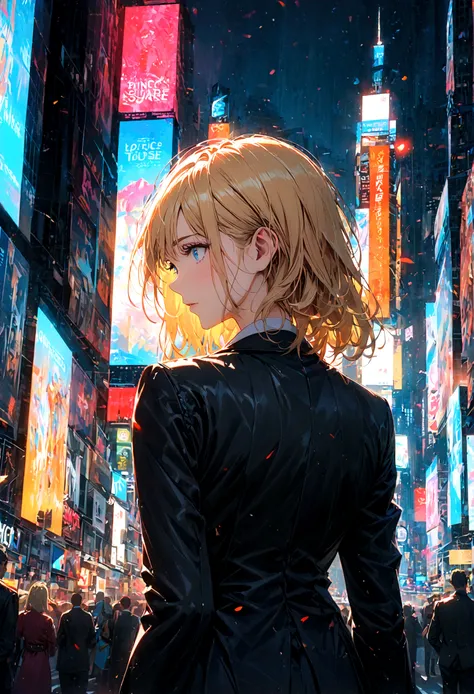 A blonde-haired, blue-eyed woman in a black suit stands alone with her back facing half-face in the middle of Times Square during the daytime.
