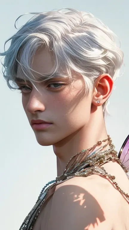 (full body shot), 1boy, dark fantasy, (fairy guy:1.4) covered in shiny pearlescent pollen, glitter shimmers on the skin of the shoulders , (human ears), glitter on collarbones, (long intense white hair flowing:1.2), dark haze, dim twilight light, dream-lik...