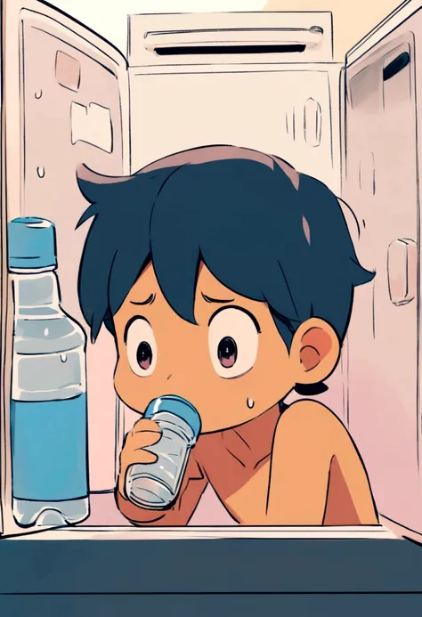 Cartoon boy drinking bottled water in front of refrigerator,Because it&#39;s too hot