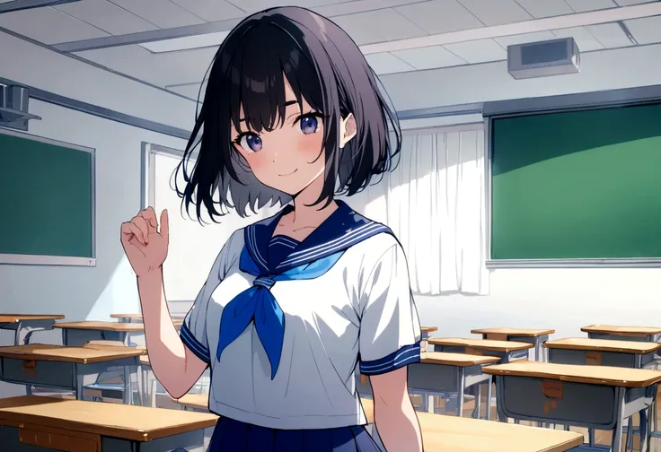 masterpiece, highest quality, High resolution,, One girl, alone, blackい目, short hair, neckerchief, Pleated skirt, black hair, Blue Skirt, blue neckerchief, black_hair, Short sleeve, White shirt, Blue sailor collar, 前hair, Eyebrow, Cowboy Shot, classroom, s...