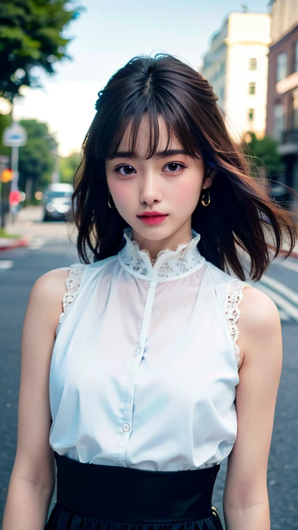 a woman posing on the street corner with light オレンジ色のドレス on, highest quality, High resolution, 8k, 1people girl, (Neat bangs:1.5), Day, bright, Outdoor, (street:0.8), (people々, crowd:1), (lace trim dress:1.5, brightWhite clothes:1.5, Black high neck dress:...