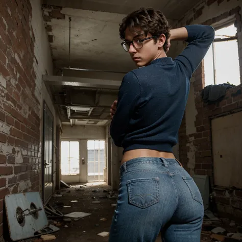 A young teen boy in light blue jeans pants from behind, Black nerdy glasses, Dark blue sweater, Sexy pose, Bent
forward, Scared, Worried, Concerned, Young, Dark brown hair, Curly hair, Dark
brown eyes, Tan skin, Slender body, Plump booty, Round booty,  b...