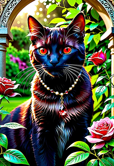 (cat:1.5), jewelry, jewelry, (masterpiece, sidelight, finely painted beautiful red eyes: 1.2), realistic, shining eyes, shiny fur, brown patterned cat, beautiful, garden, gemstone, gems pouring down, rose quartz, jewel lined garden, cinematic light, film c...