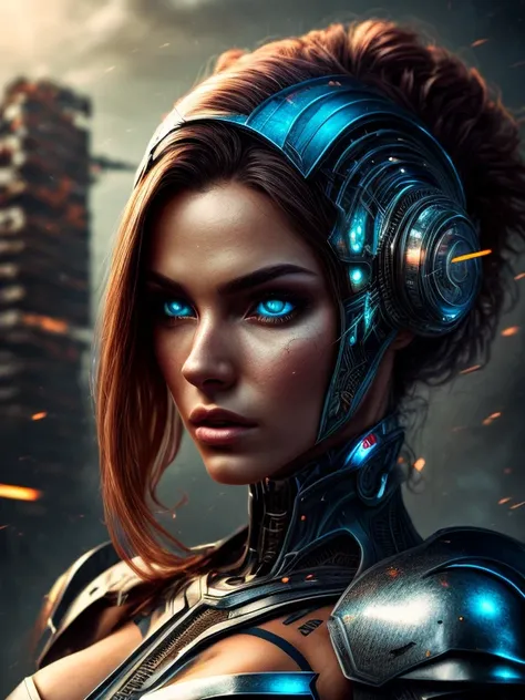 medium photo of a sexy cyborg woman in scratched and tarnished futuristic armor in a destroyed futuristic city, fantasy, science...