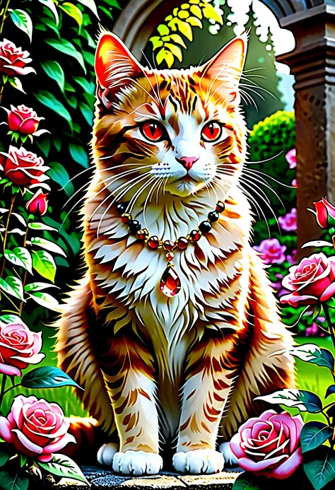 (cat:1.5), jewelry, jewelry, (masterpiece, sidelight, finely painted beautiful red eyes: 1.2), realistic, shining eyes, shiny fur, brown patterned cat, beautiful, garden, gemstone, gems pouring down, rose quartz, jewel lined garden, cinematic light, film c...