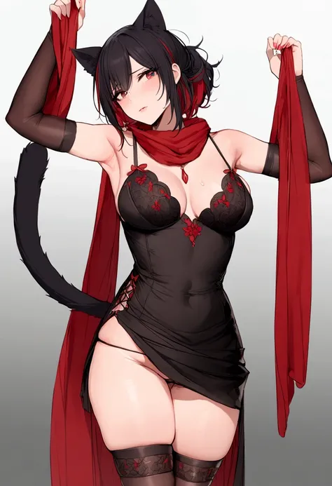 solo, mature woman, black cat ears, black cat tail, short black hair red highlights, black skirt, black dress shirt, red scarf, red laces, red accents on clothes, thigh high garter,no pantie