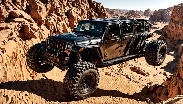 a black supercar jeep, detailed vehicle, futuristic design, highly detailed exterior, glossy black paint, chrome accents, large aggressive grille, sharp angular headlights, muscular fenders, low profile tires, dynamic pose, desert background, cinematic lig...