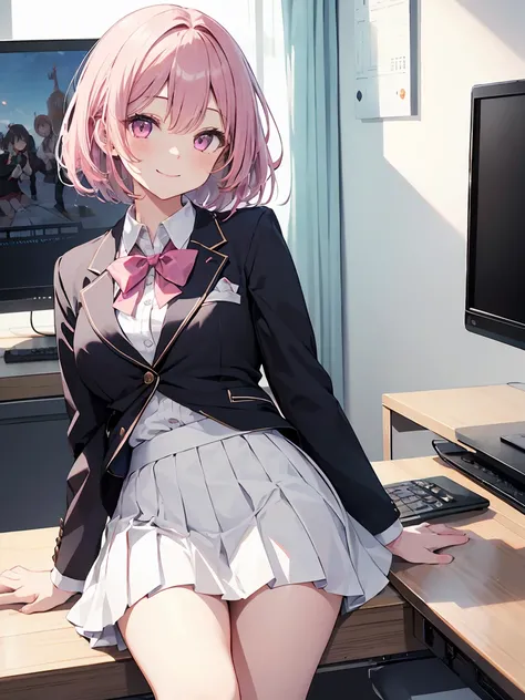 In one girl、fun、High school blazer with popular design、white shirt、pleated skirt、white skirt、（small breasts ) in recreativo, pink short hair, pink eyes, smiling, white skirt, de pie, white skirt, playing videogames