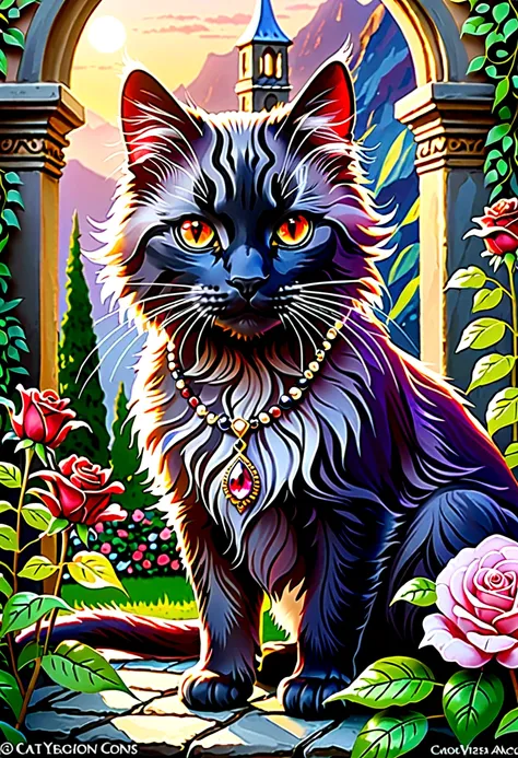 Iolite,Iolite, (cat:1.5), jewelry, jewelry, (masterpiece, sidelight, beautiful red eyes painted in detail:1.2), realistic, shining eyes, shiny fur, brown patterned cat, beautiful, garden, jewel, falling gems, rose quartz, jewel lined garden, cinematic ligh...