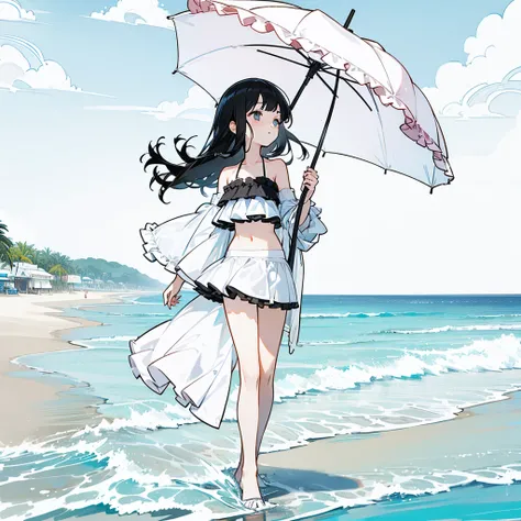 highest quality、High definition、sunlight、Seaside、Beach parasol、One Girl、15-year-old girl、Black Hair、Shoulder-length hair、Swimwear、Black tube top、Frills