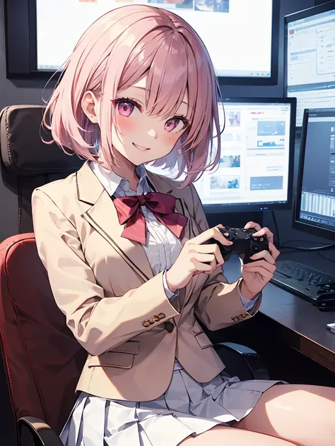 In one girl、fun、High school blazer with popular design、white shirt、pleated skirt、white skirt、（small breasts ) in recreativo, pink short hair, pink eyes, smiling, white skirt, de pie, white skirt, playing videogames, holding one ps5 controller