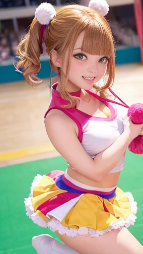 ((nsfw)),1 cheerleading girl、(Colorful sleeveless cheerleading uniforms:1.2,Flared mini skirt),(Jumping),((Holding pom-poms in both hands:1.2)),、Bob Hair、Brown Hair、Medium breast、smile、masterpiece、Raw photo quality、Highest quality、8k、View from directly bel...