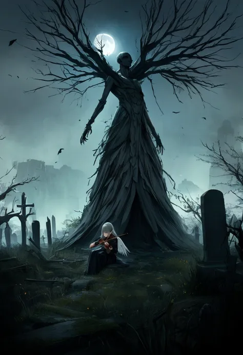 A serene, moonlit night with a bright full moon hanging high in the sky. In an old cemetery, some tombstones have toppled over, surrounded by tall, wild grass. A few large, withered trees stand in the background, their bare branches reaching out like skele...