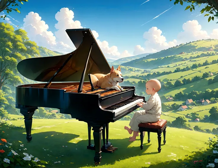 in the style of studio ghibli、create an image of a dog sitting on a chair playing a grand piano in a beautiful countryside setti...