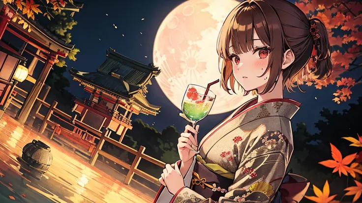 【highest quality, Tabletop】 [girl, kimono, Red eyes, profile, Wavy short hair, Brown Hair, Upper Body] (moon, Greenish leaves),  Japan drinks alcohol, Sweat, Long eyelashes, alone, firework