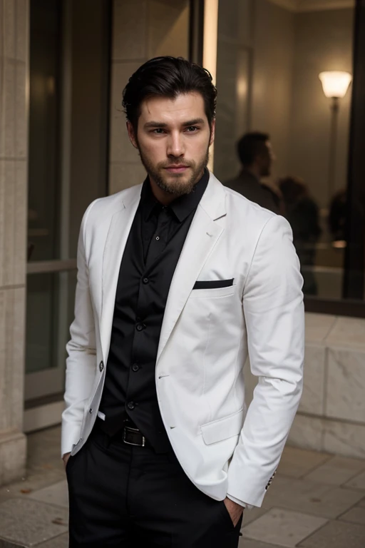 Handsome... thin... White sexy man... medium black hair....black suit... Stubble short beard