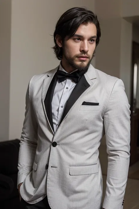 Handsome... thin... White sexy man... medium black hair....black suit... Stubble short beard