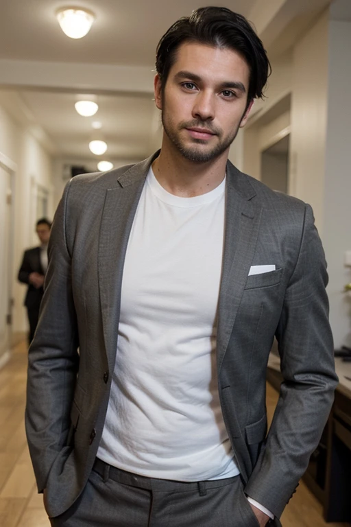 Handsome... thin... White sexy man... medium black hair....black suit... Stubble short beard