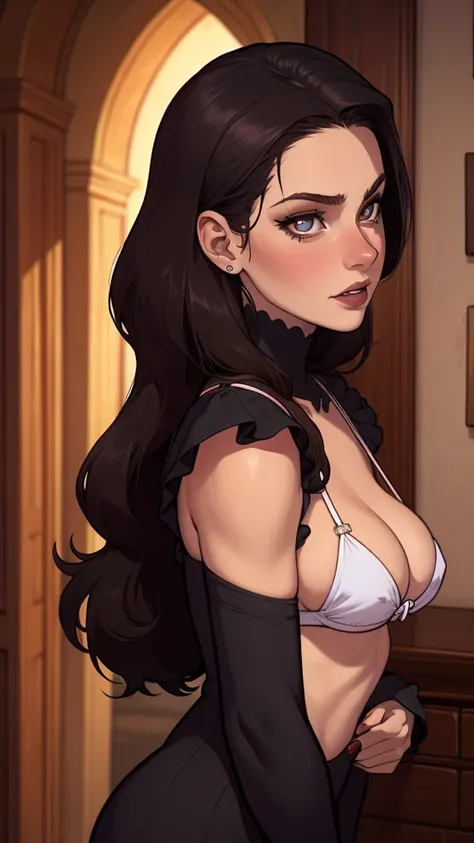 A closeup of a woman in a black top and a black bra, estilo de arte de charlie bowater, Estilo Charlie Bowater, retrato de vampiro, arte do personagem charlie bowater, Alena Aenami e Artgerm, Neoartcore e Charlie Bowater, Charlie Bowater cores ricas e prof...