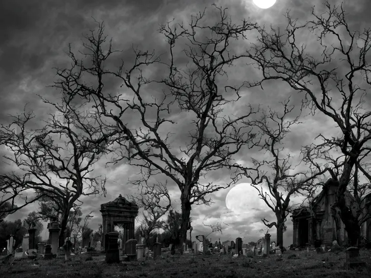 a serene, moonlit night with a bright full moon hanging high in the sky. in an old cemetery, some tombstones have toppled over, ...