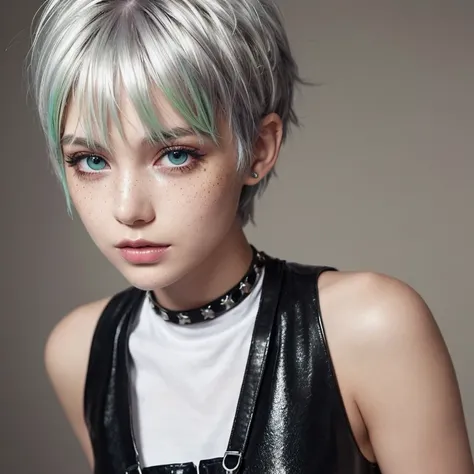 a young woman with vibrant silver hair, styled in a slightly messy, pixie cut,  Her eyes are a striking green, and she has light freckles scattered across her face. The lighting should be warm, giving her skin a slightly glossy appearance. The background s...