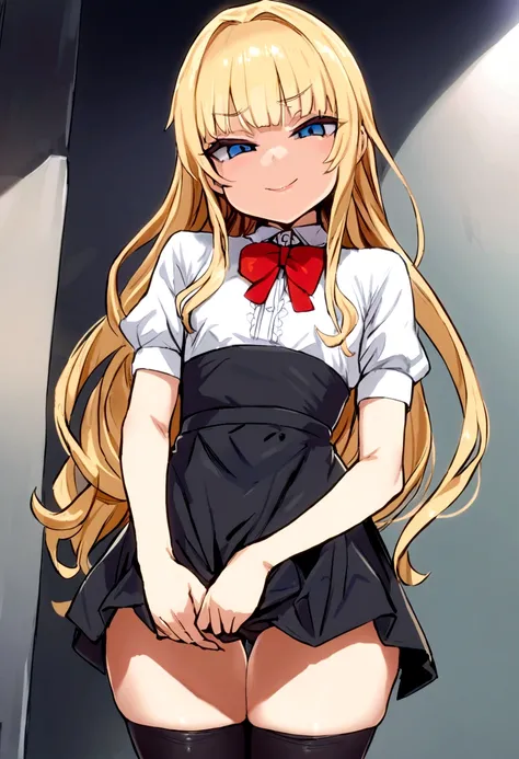 masterpiece, best quality, 1girl, solo, bangs, long hair, blonde hair, blue eyes, smug, smile, small breasts, white blouse, short sleeves, red bow, black skirt thigh-highs, , looking dawn at viewer, panty shot, cowboyshot