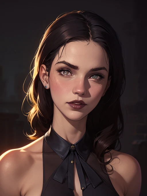 A closeup of a woman in a black top and a black bra, estilo de arte de charlie bowater, Estilo Charlie Bowater, retrato de vampiro, arte do personagem charlie bowater, Alena Aenami e Artgerm, Neoartcore e Charlie Bowater, Charlie Bowater cores ricas e prof...