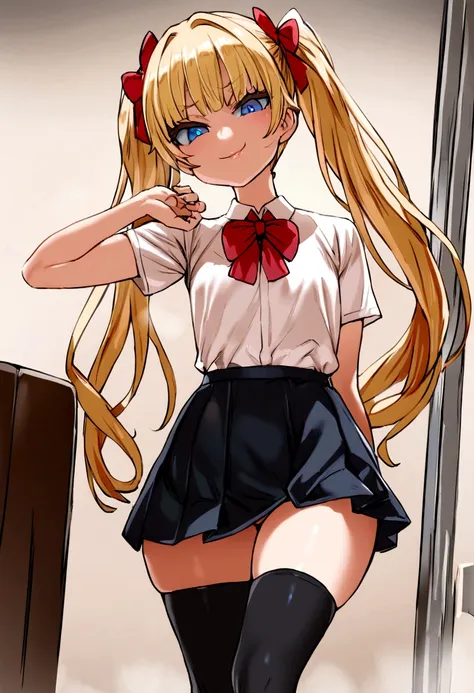 masterpiece, best quality, 1girl, solo, bangs, long hair, twin tails, blonde hair, blue eyes, smug, smile, small breasts, white blouse, short sleeves, red bow, black skirt thigh-highs, , looking dawn at viewer, panty shot full body