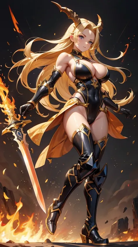 Blonde beauty with huge muscular forehead and long horns，Six-pack，cleavage，Black high cut swimsuit，Scapula，Hand guard，Bare Legs，iron boots，Great sword，flame，palace