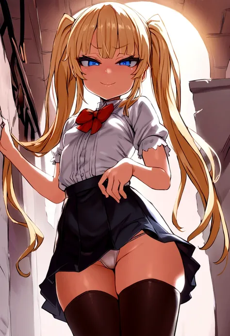 masterpiece, best quality, 1girl, solo, bangs, long hair, twin tails, blonde hair, blue eyes, smug, smile, small breasts, white blouse, short sleeves, red bow, black skirt thigh-highs, , looking dawn at viewer, panty shot