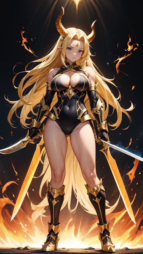 Blonde beauty with huge muscular forehead and long horns，Six-pack，cleavage，Black high cut swimsuit，Scapula，Hand guard，Standing with bare legs，Great sword，flame，palace