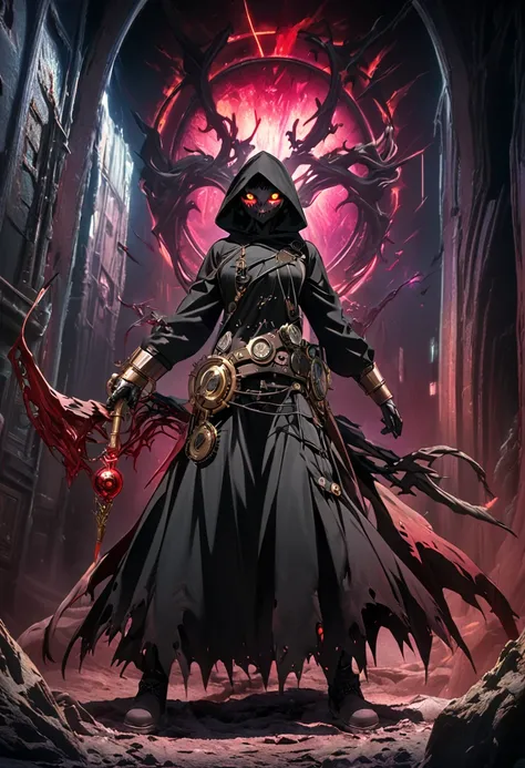 A stunning, high-resolution CG Unity 16k wallpaper featuring the Ghost of the Black Hood, with extreme detail and a vibrant, steampunk aesthetic. The figure is a full-body posing illustration, showcasing a demonic vibe with glowing eyes and a clockwork ens...