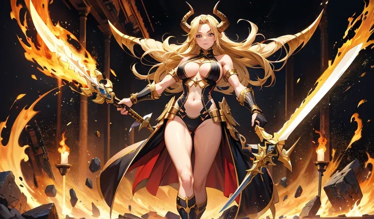 Blonde beauty with huge muscular forehead and long horns，Six-pack，cleavage，Black high cut swimsuit，Scapula，Hand guard，Standing with bare legs，Great sword，flame，palace