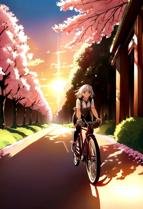 A sunset bike ride along a cherry blossom-lined path