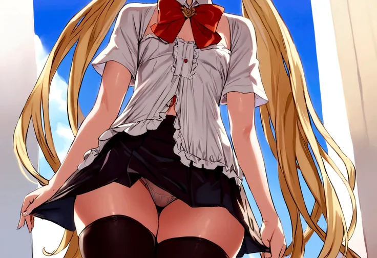 masterpiece, best quality, 1girl, solo, bangs, long hair, twin tails, blonde hair, blue eyes, smug, smile, small breasts, white blouse, short sleeves, red bow, black skirt thigh-highs, , looking dawn at viewer, panty shot