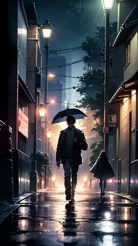 A heartbroken man walks down the sidewalk in the night rain. Headlights illuminating the dark roadway shine on her, casting a large shadow on the wall of a building. (Best quality), (masterpiece:1.3), ultra-detailed, sharp shadows, great detail, depth of f...